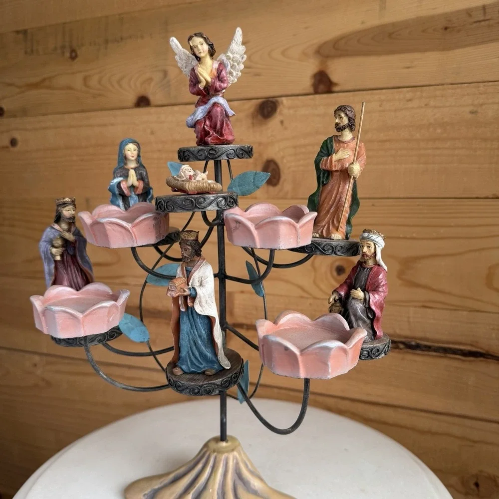 Christmas Candelabra Nativity Set Tree Tea Candle Holder Religious‎ Decor *Flaw